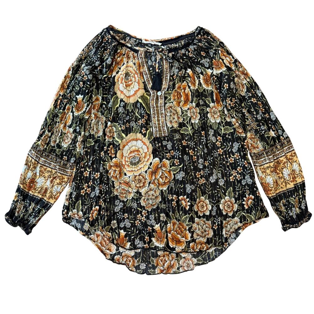Spell & Gypsy Mystic Blouse Nightfall Organic Cotton Floral Tassel Tie Sz M